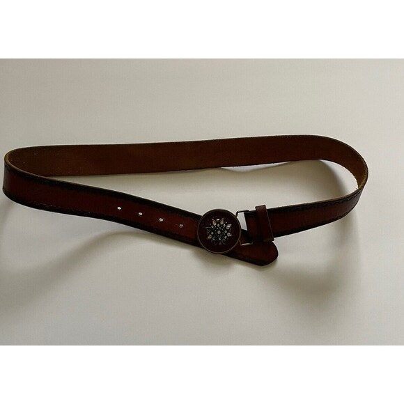 Tooled Brown Leather Belt Sz M Floral Bohemian Handcrafted Mandala Buckle as is - Picture 1 of 4